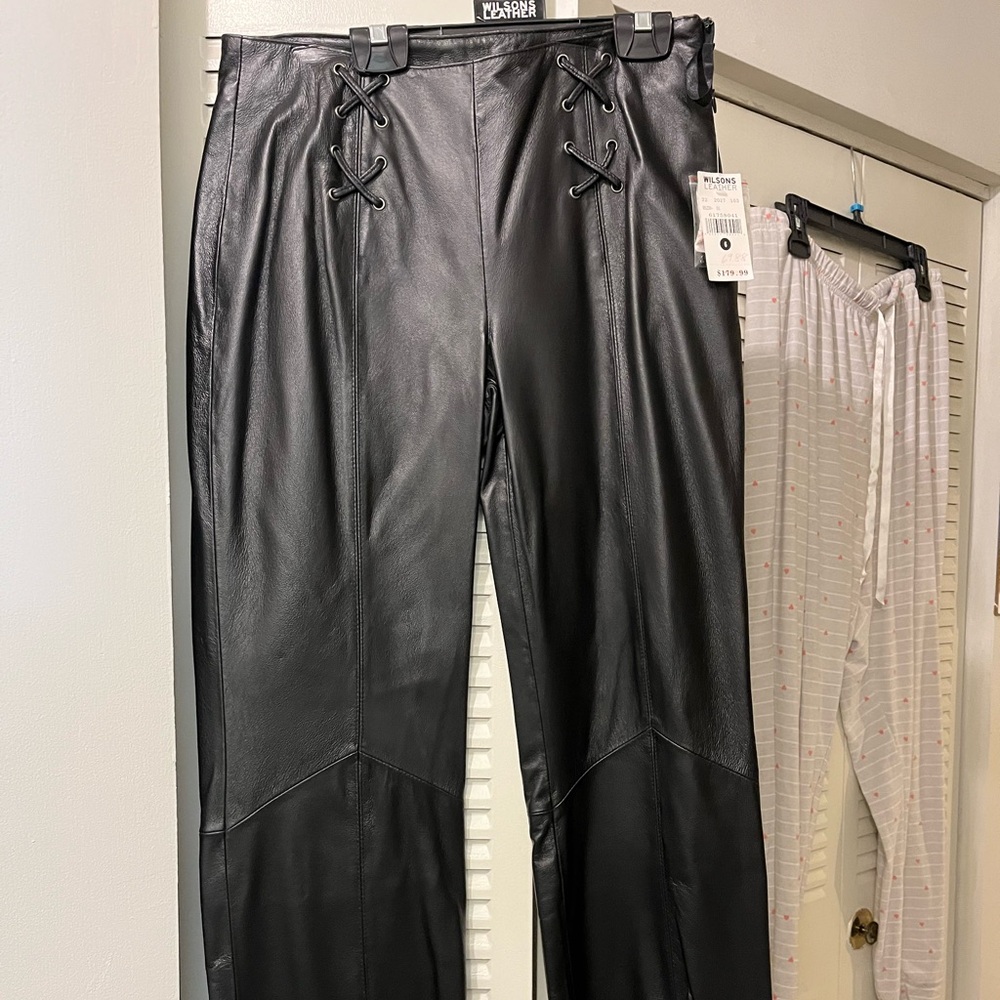 Wilson’s Black Leather Low-Rise Boot-Cut Pants with Lacing, Size 6